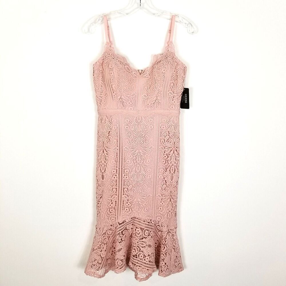 GUESS Women Textured Knit Off The Shoulder Midi Dress Size 6 Blush Lace Cocktail